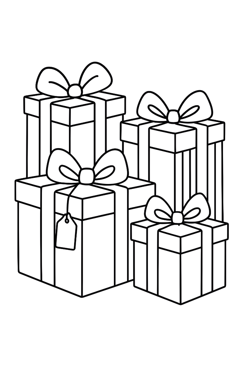 regalos de navidad dibujo para colorear con cuatro paquetes con cintas y etiqueta, ideal para niños