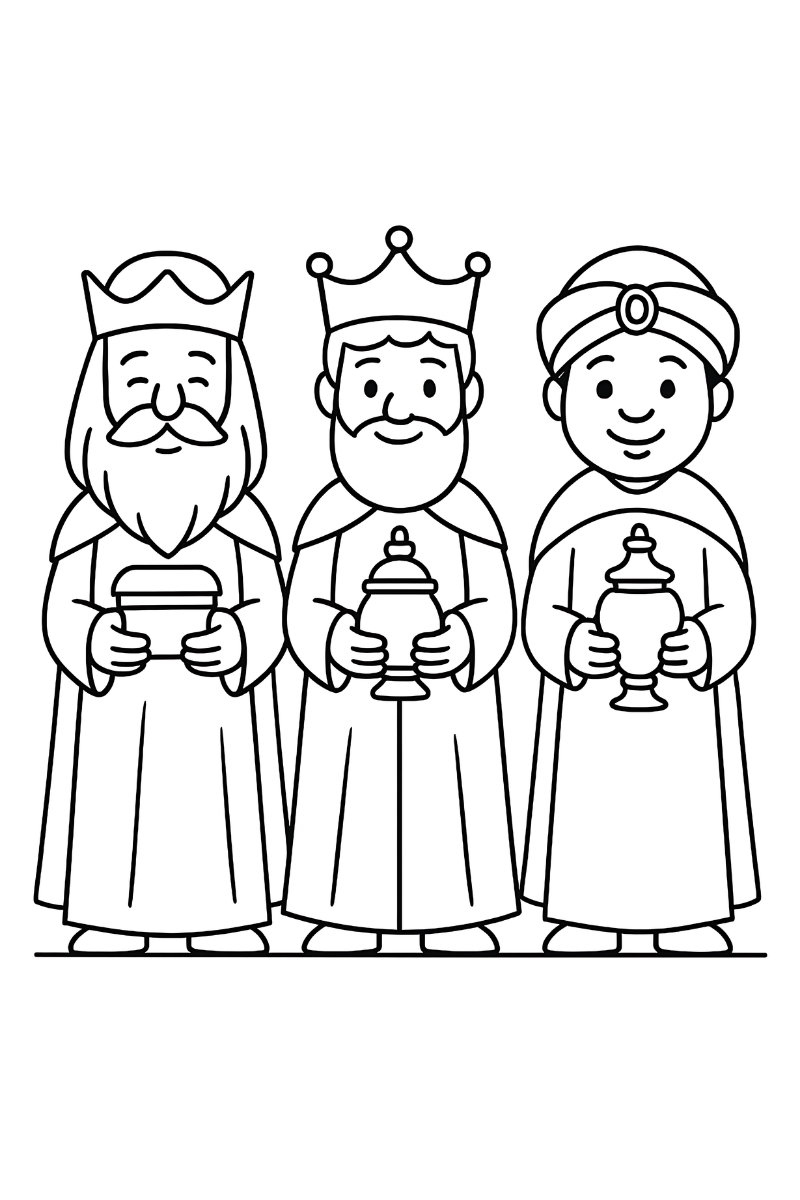 reyes magos dibujo para colorear e imprimir frontal con coronas, turbante y cofres, trío de pie