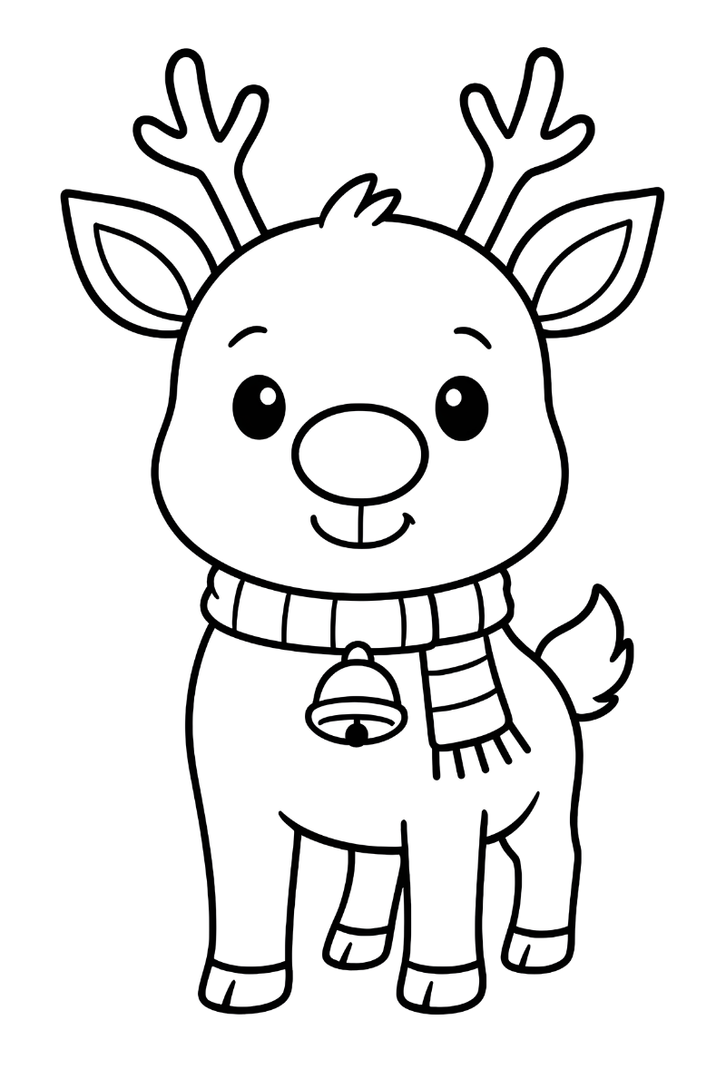 rodolfo el reno dibujo kawaii con nariz roja y bufanda, listo para imprimir