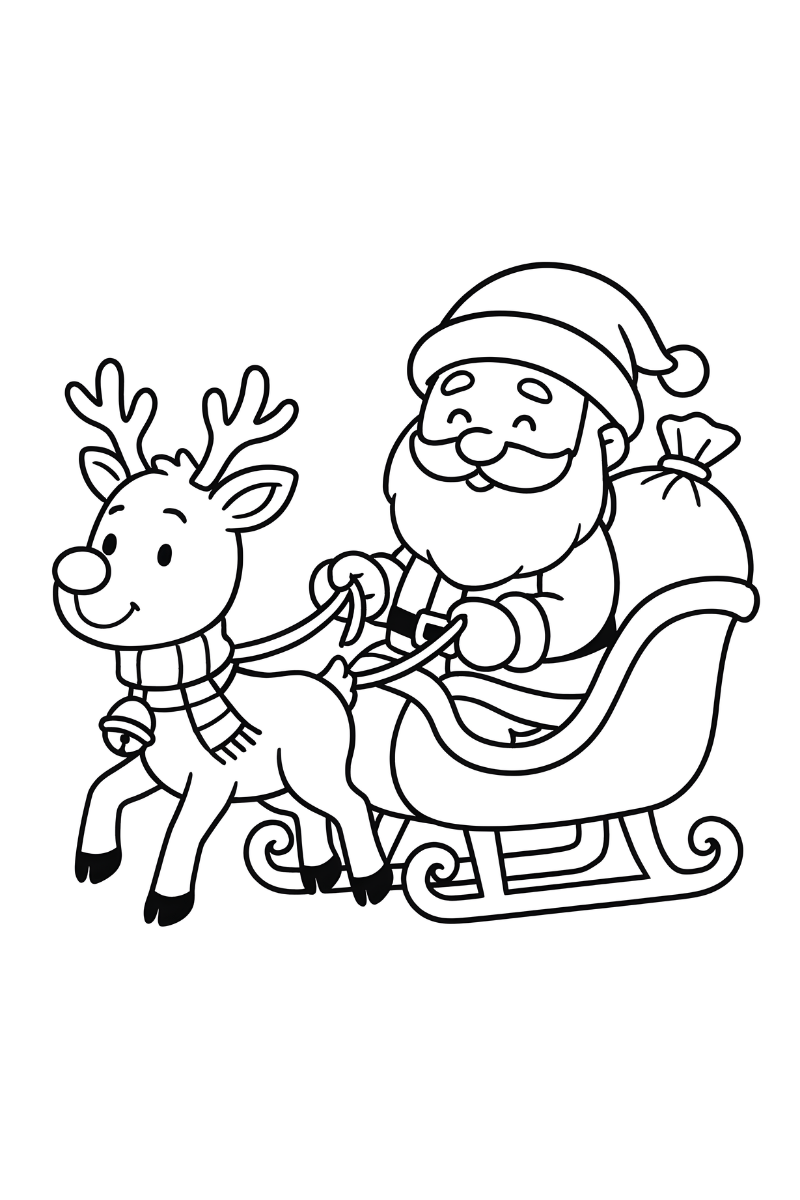 trineo de papa noel dibujo para colorear e imprimir con reno y saco de regalos para colorear en A4