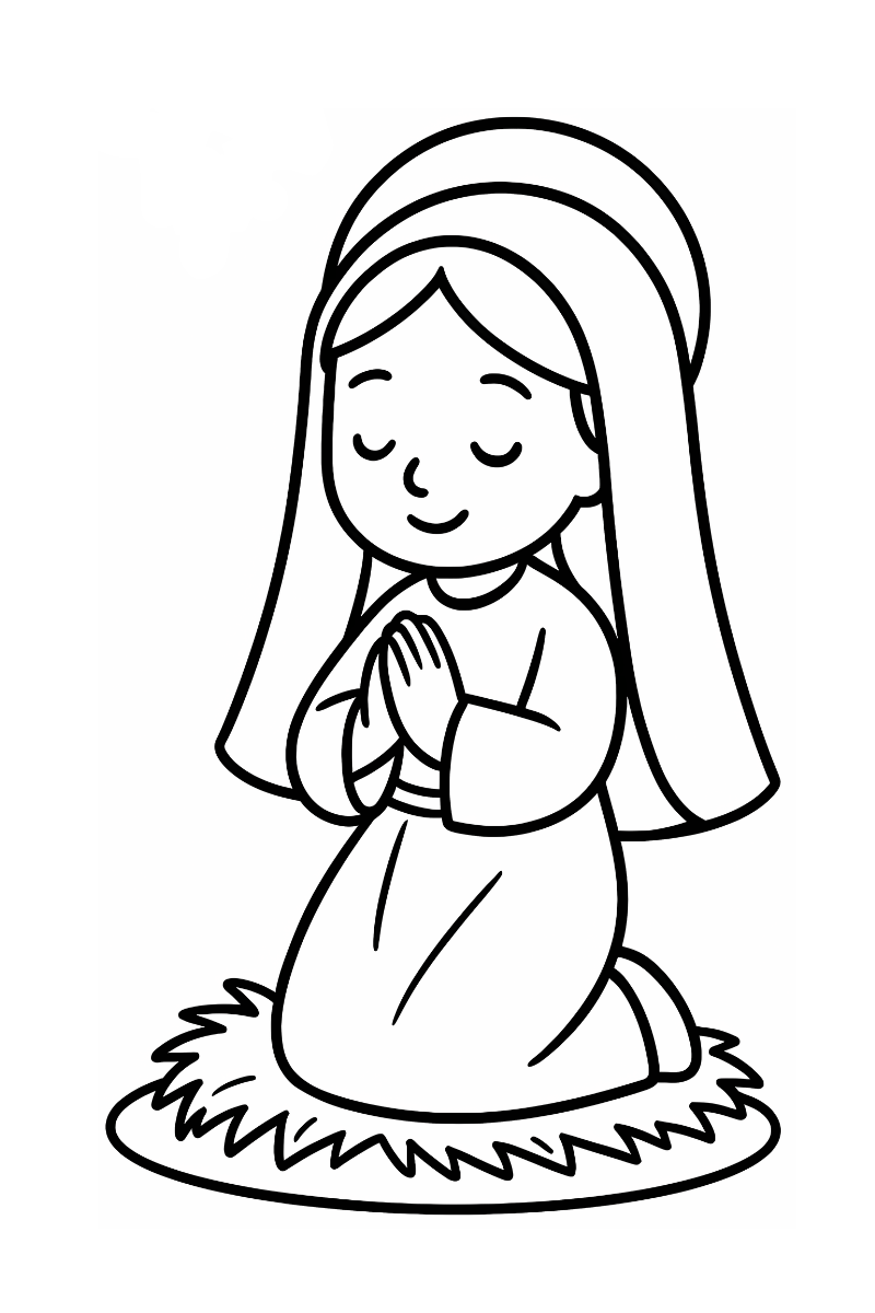 virgen maria dibujo para colorear e imprimir en belén, figura infantil arrodillada con peana de césped