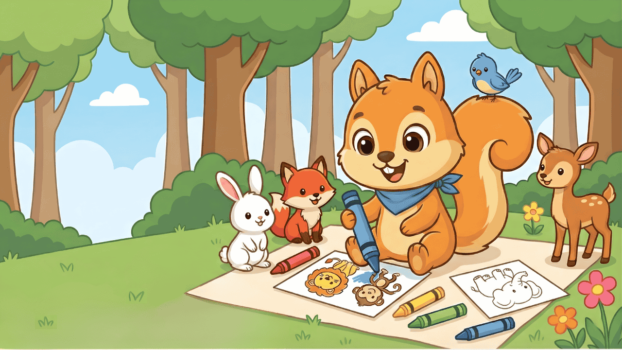 Chispas dibujando en el bosque junto a un conejo, un zorro y un cervatillo para colorear