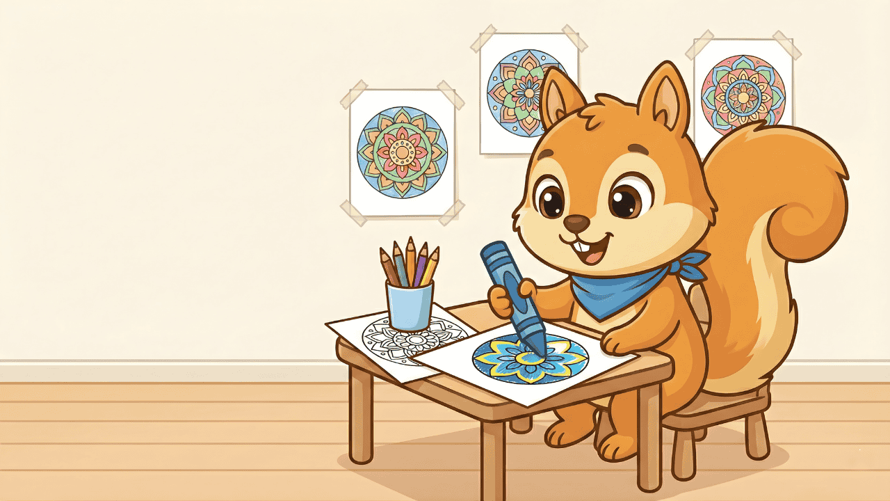 Chispas pintando un mandala en el aula de arte en una lámina para colorear