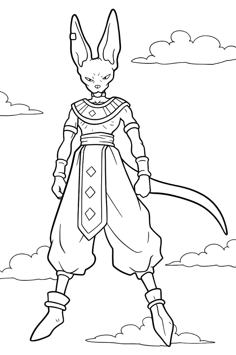 whis para colorear con traje mágico y nubes de fondo