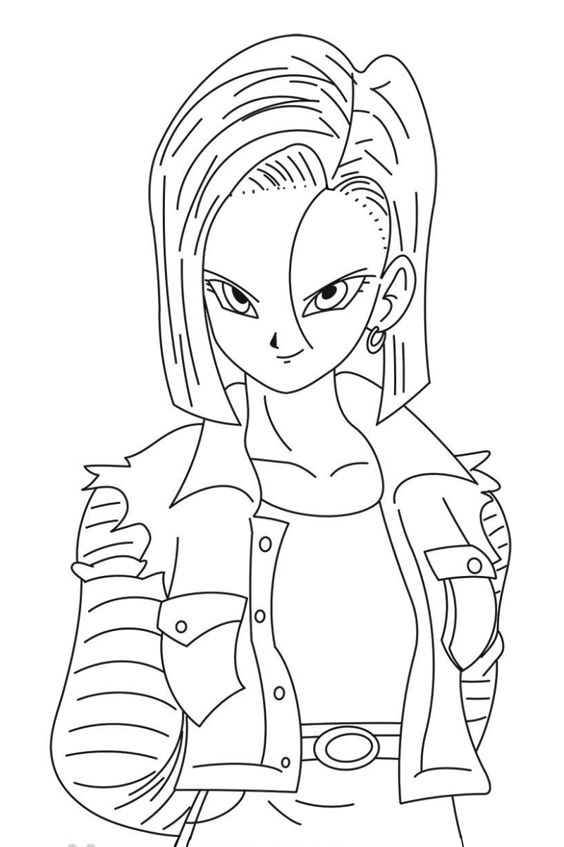 Dibujo androide 18 para colorear e imprimir en hoja para niños con chaqueta y mirada seria