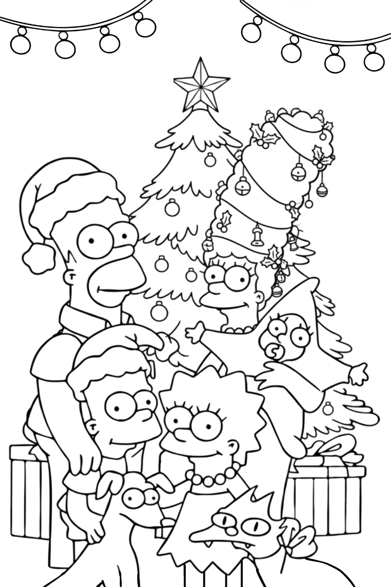 dibujos de navidad de los simpson para colorear A4con la familia al completo delante del árbol y regalos