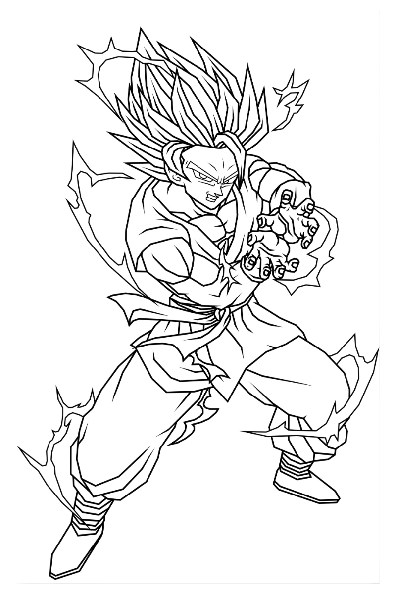goku kamehameha para colorear e imprimir con energía rodeando su cuerpo