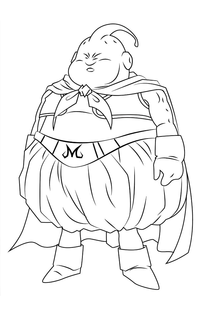 majin boo para colorear e imprimir con capa y pantalones bombachos