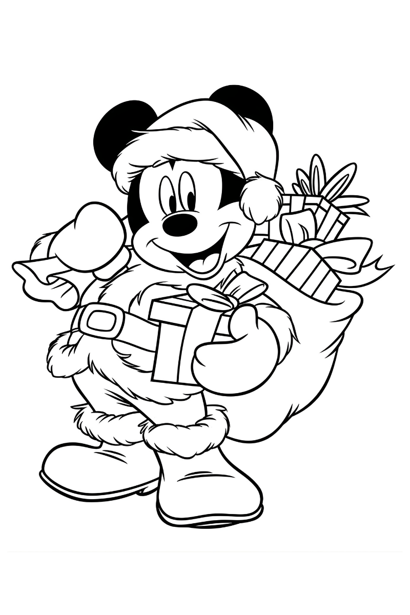 mickey mouse navidad dibujo para colorear e imprimir con saco de regalos para colorear