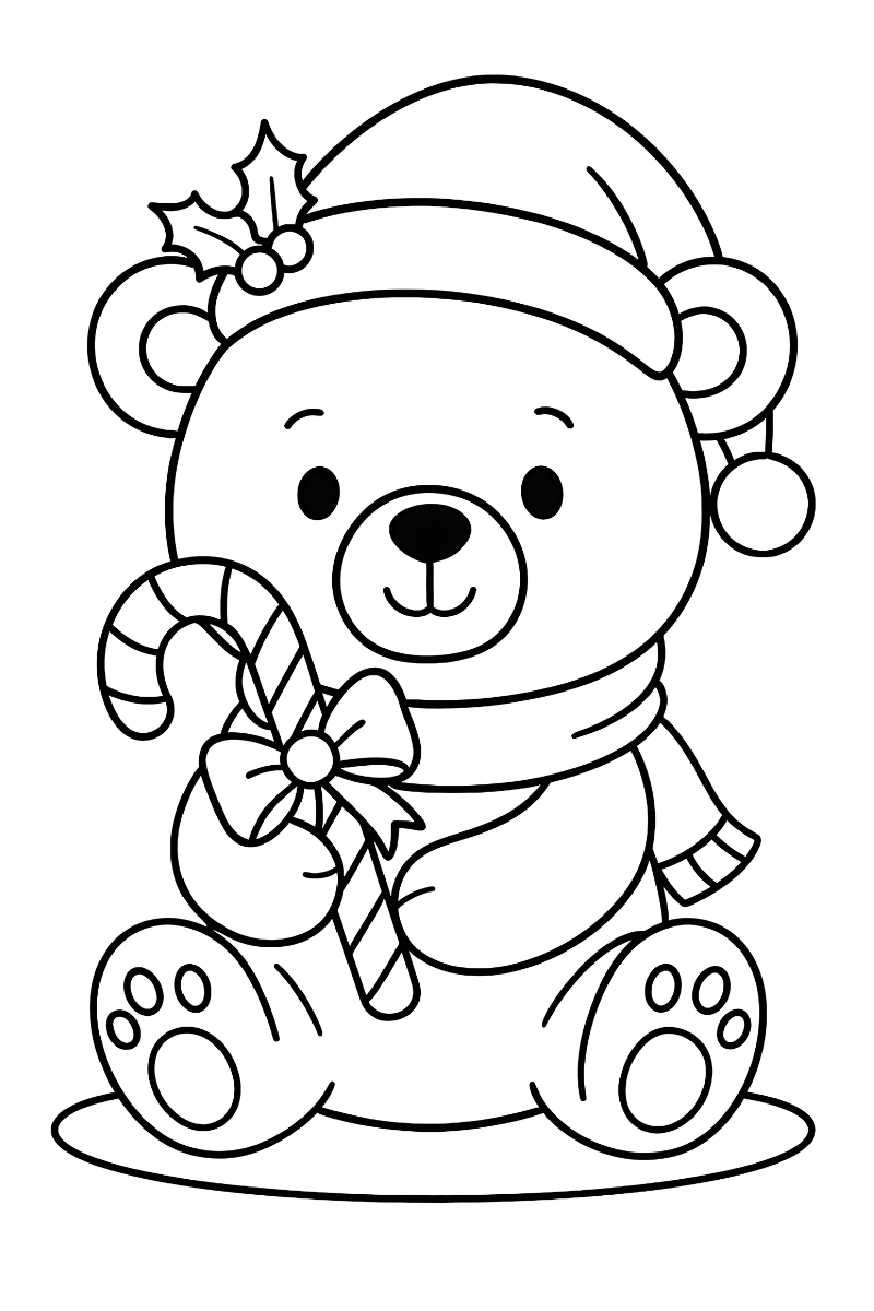 oso de navidad dibujo para colorear e imprimir con bufanda a rayas y lazo en el bastón