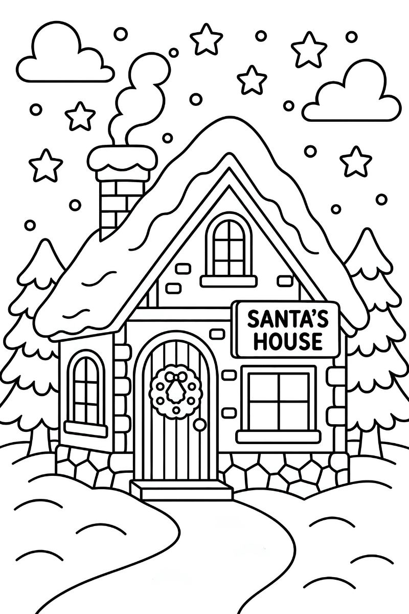 Dibujo en A4 de una casa de Papá Noel para colorear, con tejado nevado, chimenea, estrellas y árboles de Navidad alrededor.