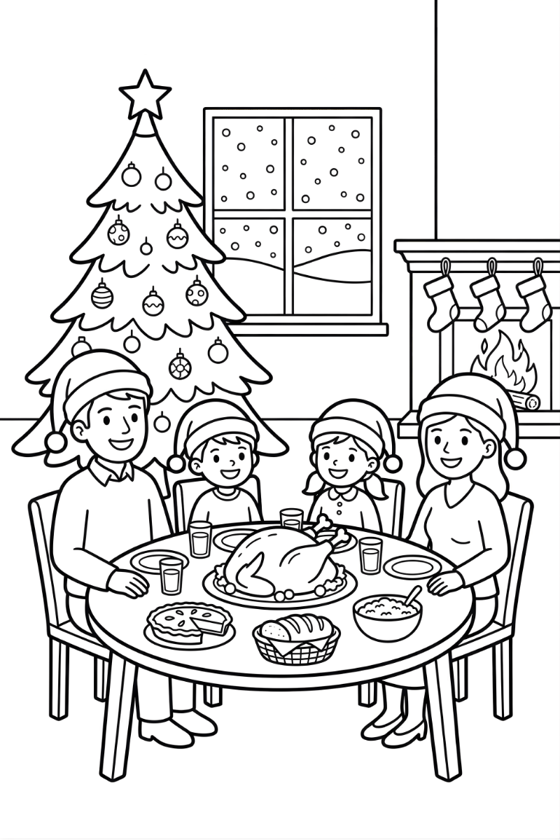 cena de navidad para colorear e imprimir en familia alrededor de la mesa