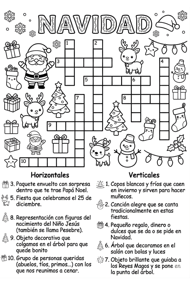 Crucigrama de navidad infantil con dibujos de Papá Noel, reno y muñeco de nieve para colorear