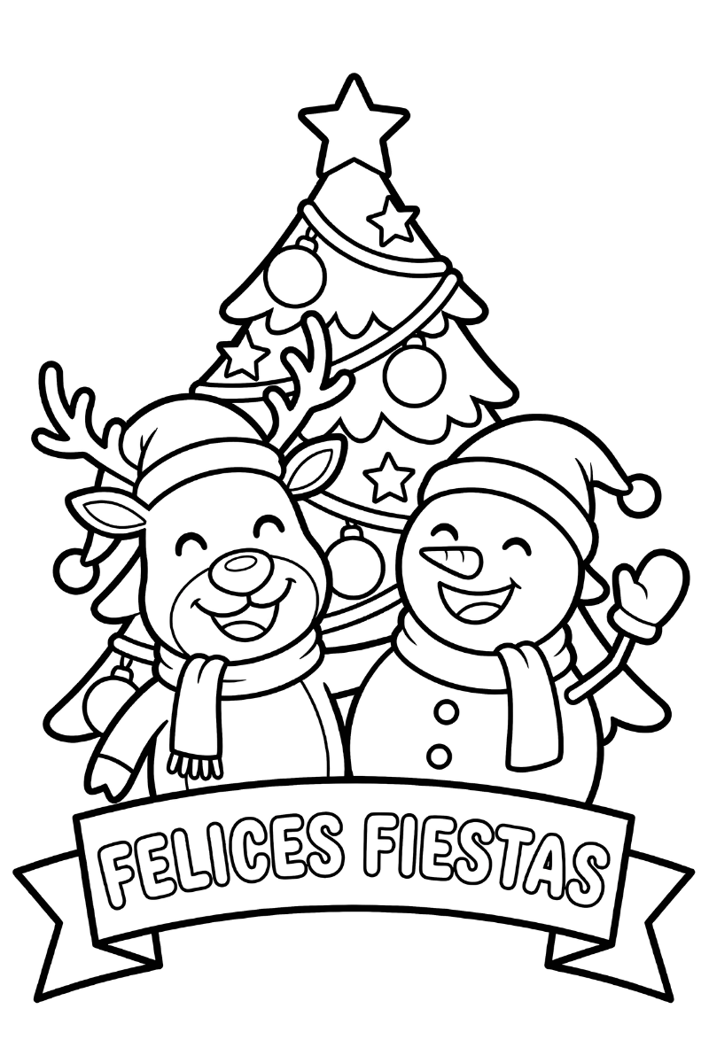 Dibujo de tarjetas de navidad para colorear e imprimir con un reno y un muñeco de nieve abrazados frente a un árbol con cartel de Felices Fiestas.