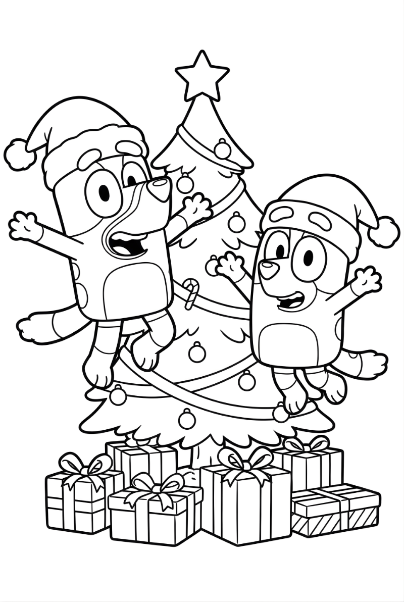 Dibujo de Bluey navidad para colorear con Bingo saltando felices delante de un árbol de navidad con regalos y gorros de santa claus.