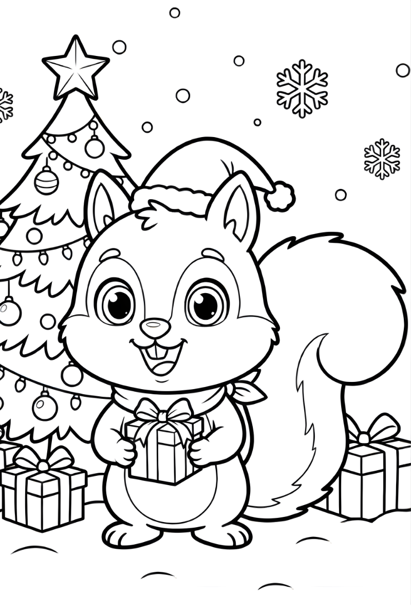 Descarga nuestra ardilla navideña con regalo y gorro de Santa. Especial día 18 del calendario de adviento para imprimir gratis.