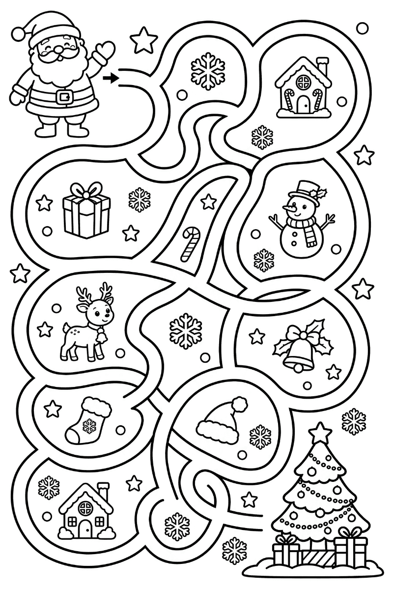 Juego de laberinto navidad para el día 14 de diciembre con casitas y regalos.