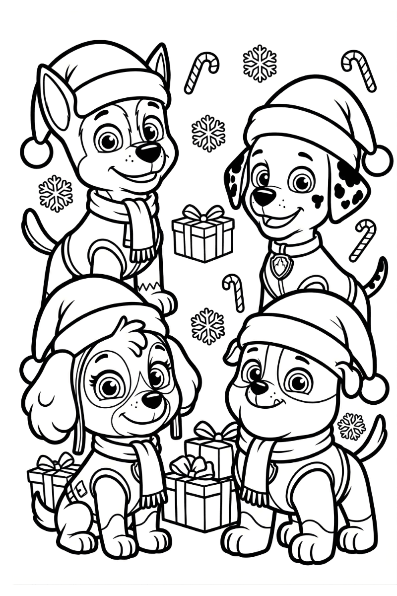 Cachorros de la Patrulla Canina Navidad colorear celebrando el día 21 de diciembre con bufandas y mucha alegría navideña.