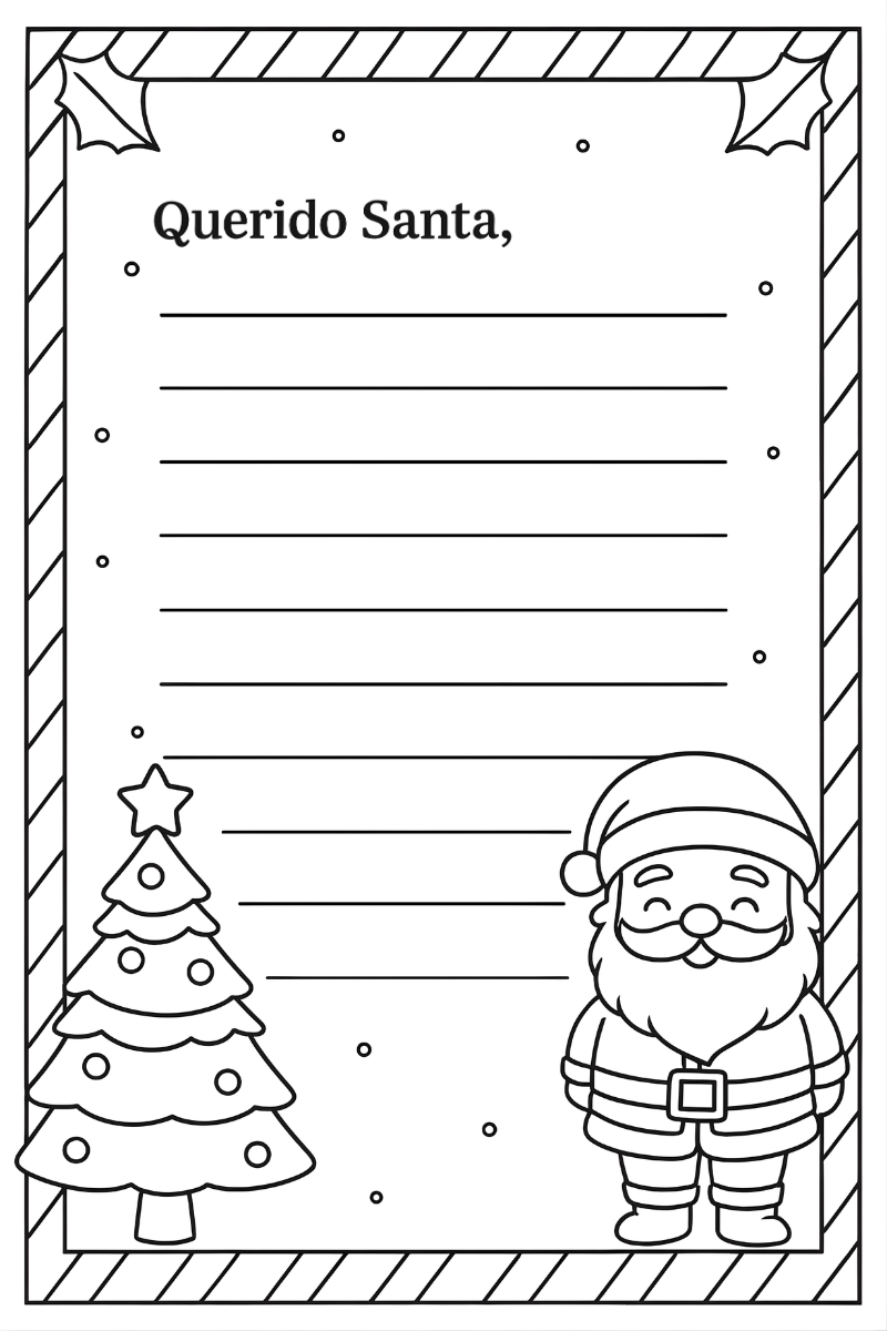 Carta Papa noel con árbol de Navidad y Santa para colorear