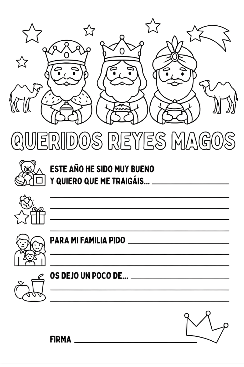 Dibujo de carta reyes magos para colorear con los tres reyes, camellos y líneas para escribir regalos.