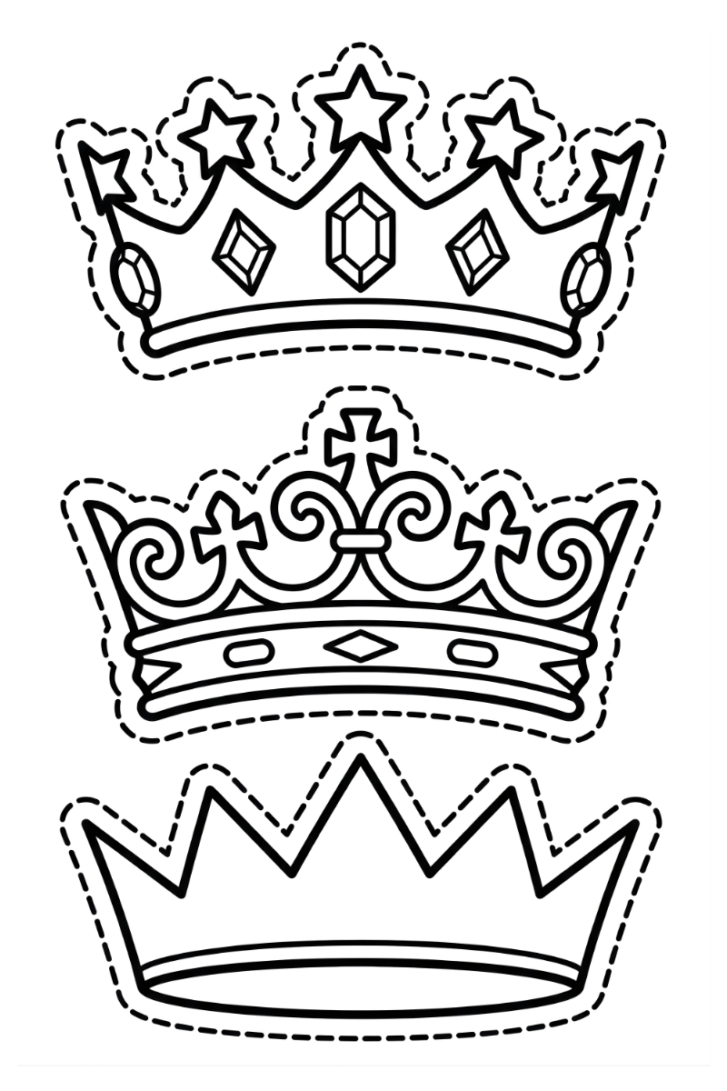 Dibujo de corona reyes magos dibujo en blanco y negro con líneas discontinuas para tijeras.