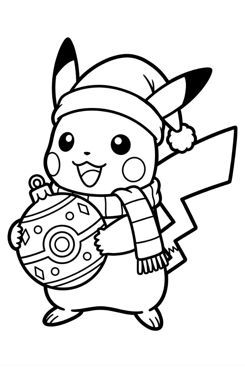 Pikachu Navidad para colorear e imprimir con gorro, bufanda y bola navideña