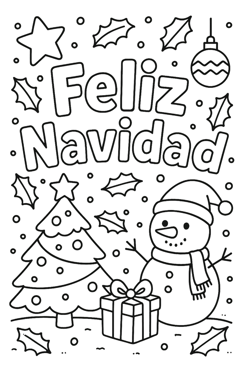 feliz navidad para colorear e imprimir con muñeco de nieve, árbol y regalo para niños