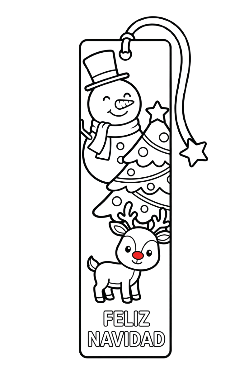 Dibujo del día 22 calendario de adviento marcapaginas de navidad con reno y muñeco de nieve.