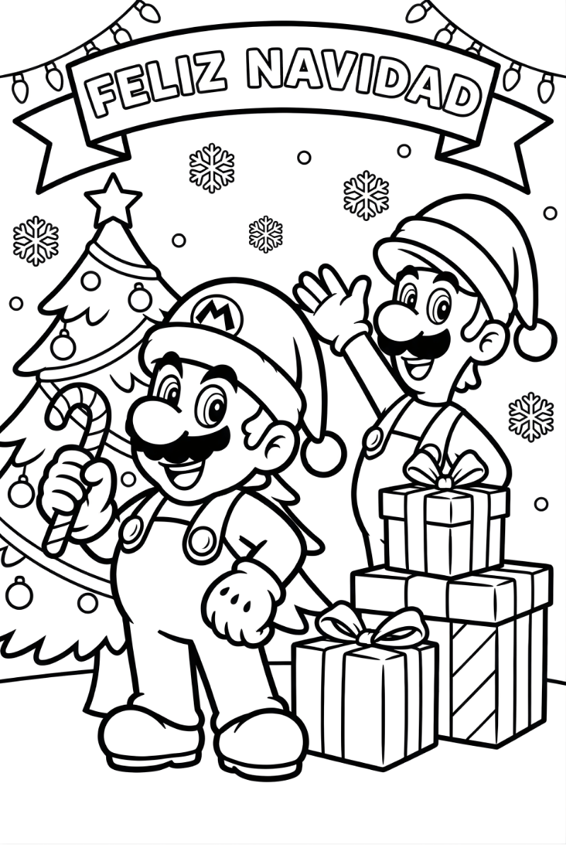 Mario bros navidad para colorear e imprimir: Mario y Luigi celebrando la Navidad con regalos para colorear