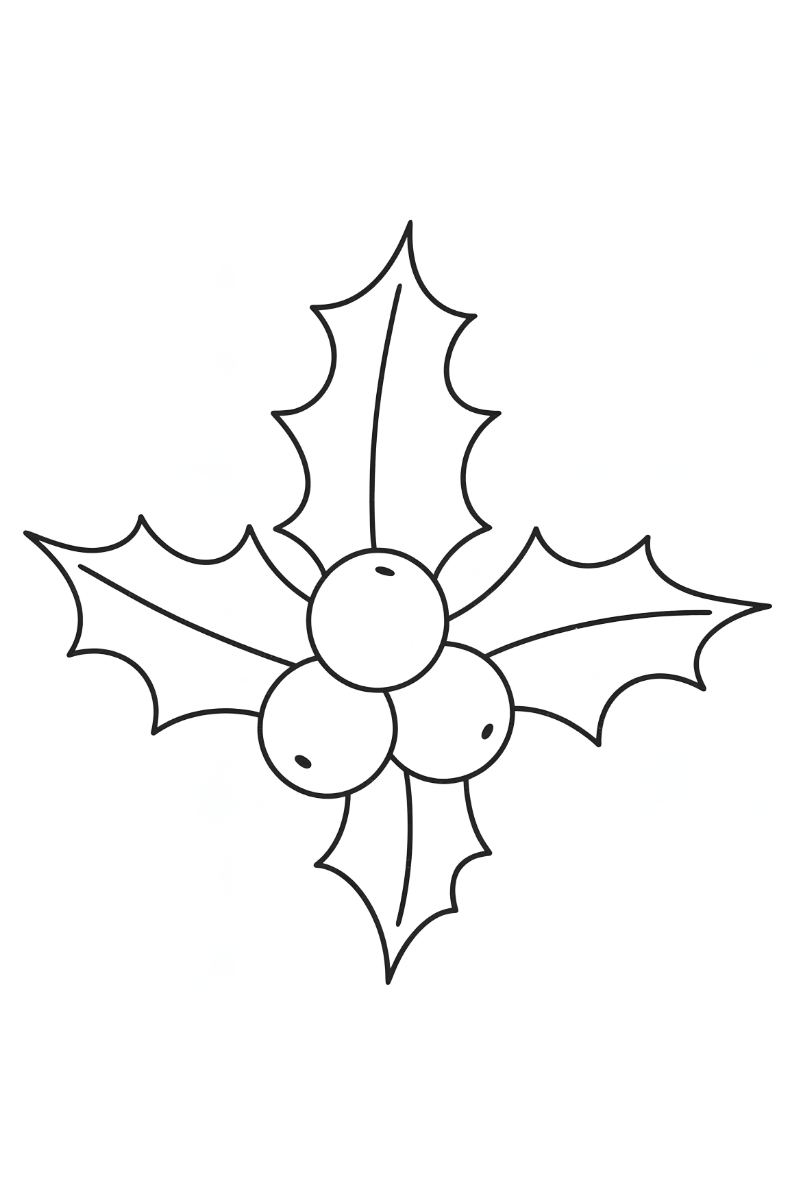 muerdago dibujo para colorear con tres bolitas y hojas puntiagudas para colorear