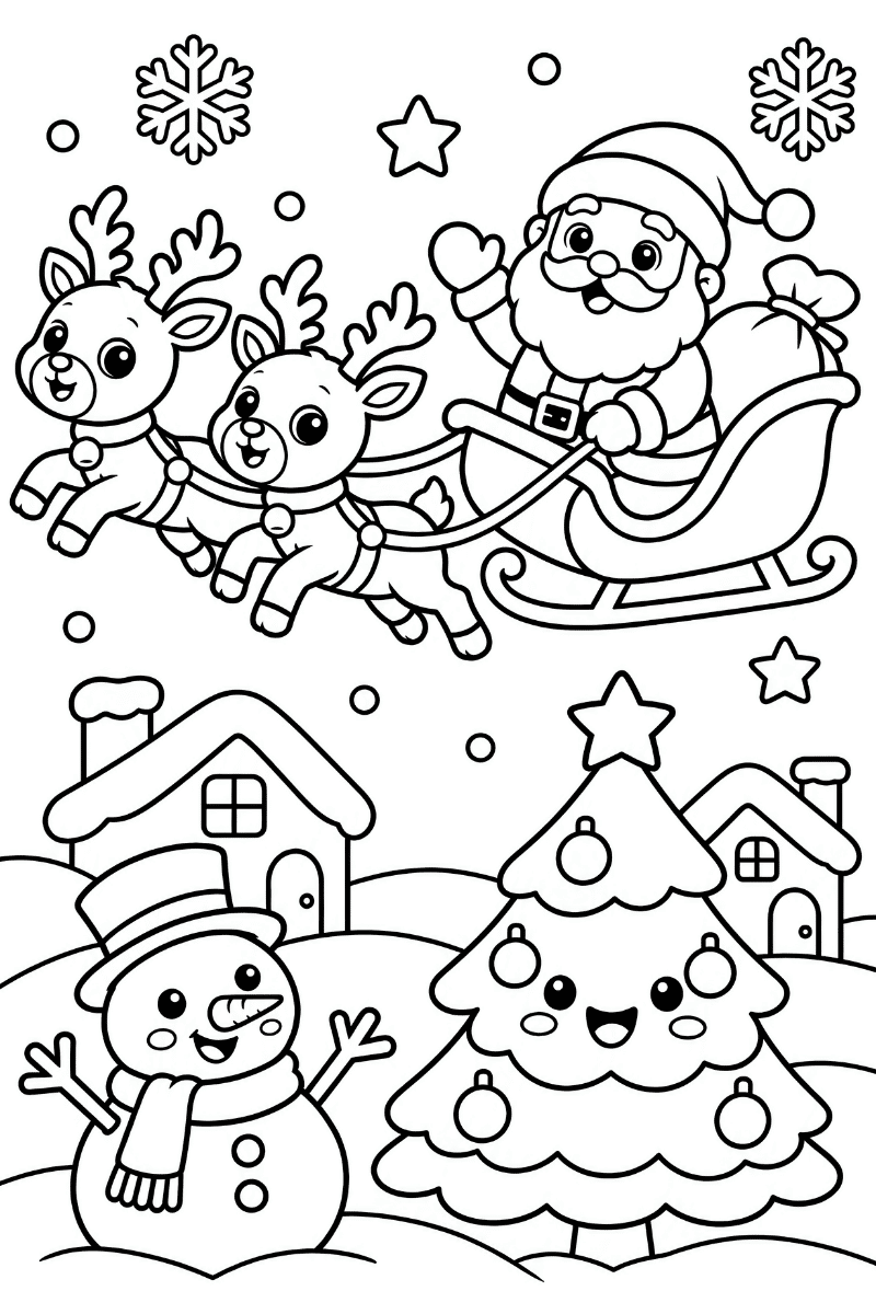 Paisaje de navidad para colorear con Papá Noel en trineo, renos y muñeco de nieve estilo kawaii dibujo número 12 calendario adviento