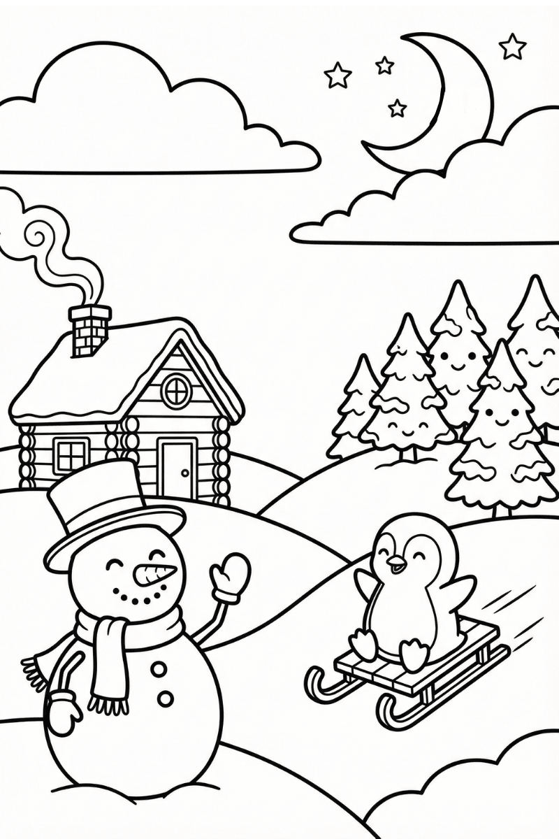 Paisaje nevado para colorear con muñeco de nieve saludando, pingüino en trineo, cabaña de madera y árboles con caras kawaii bajo la luna.