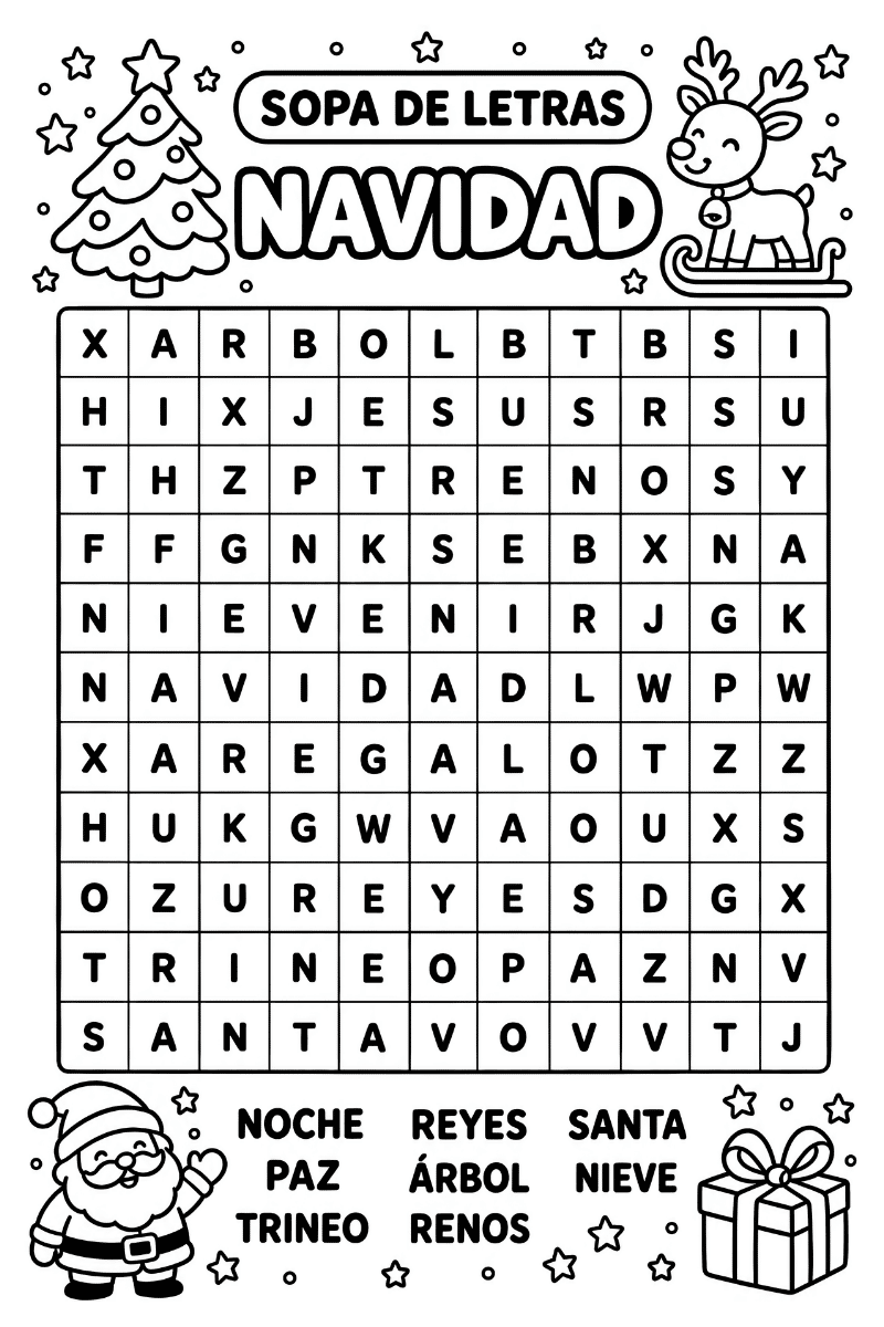 sopa de letras navidad para imprimir con palabras y dibujos para niños