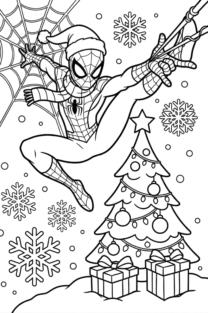 spiderman navidad para colorear e imprimir junto a un árbol y regalos