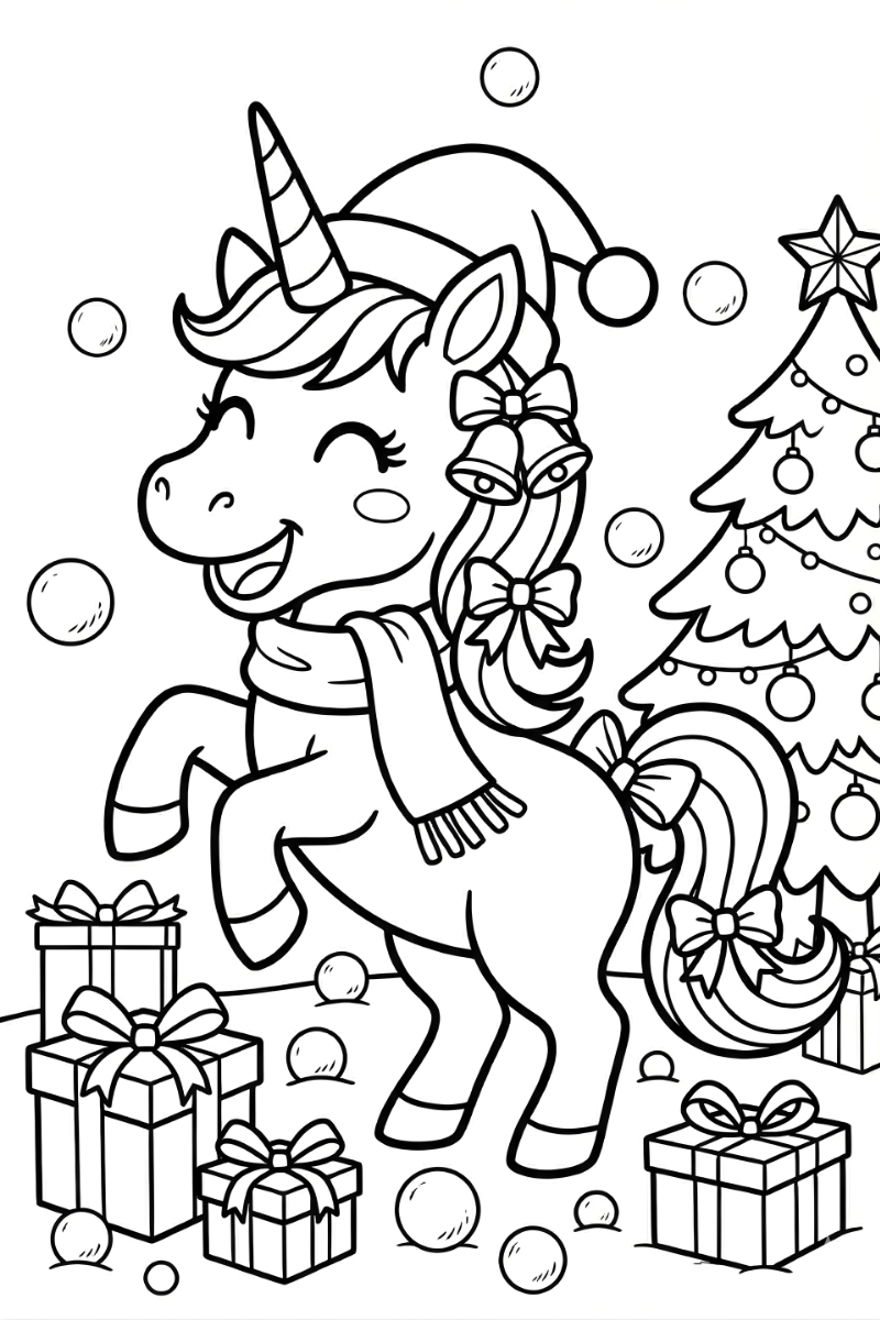 Unicornio de Navidad para colorear con gorro de santa, bufanda y regalos bajo el árbol.