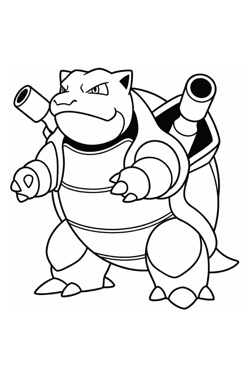 Dibujo de Blastoise para colorear de pie mostrando sus cañones de agua y caparazón