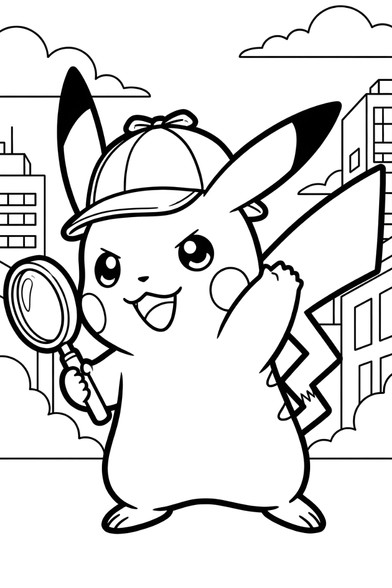 Dibujo de Detective Pikachu para colorear con gorra de cazador y lupa gigante investigando en la ciudad para colorear.