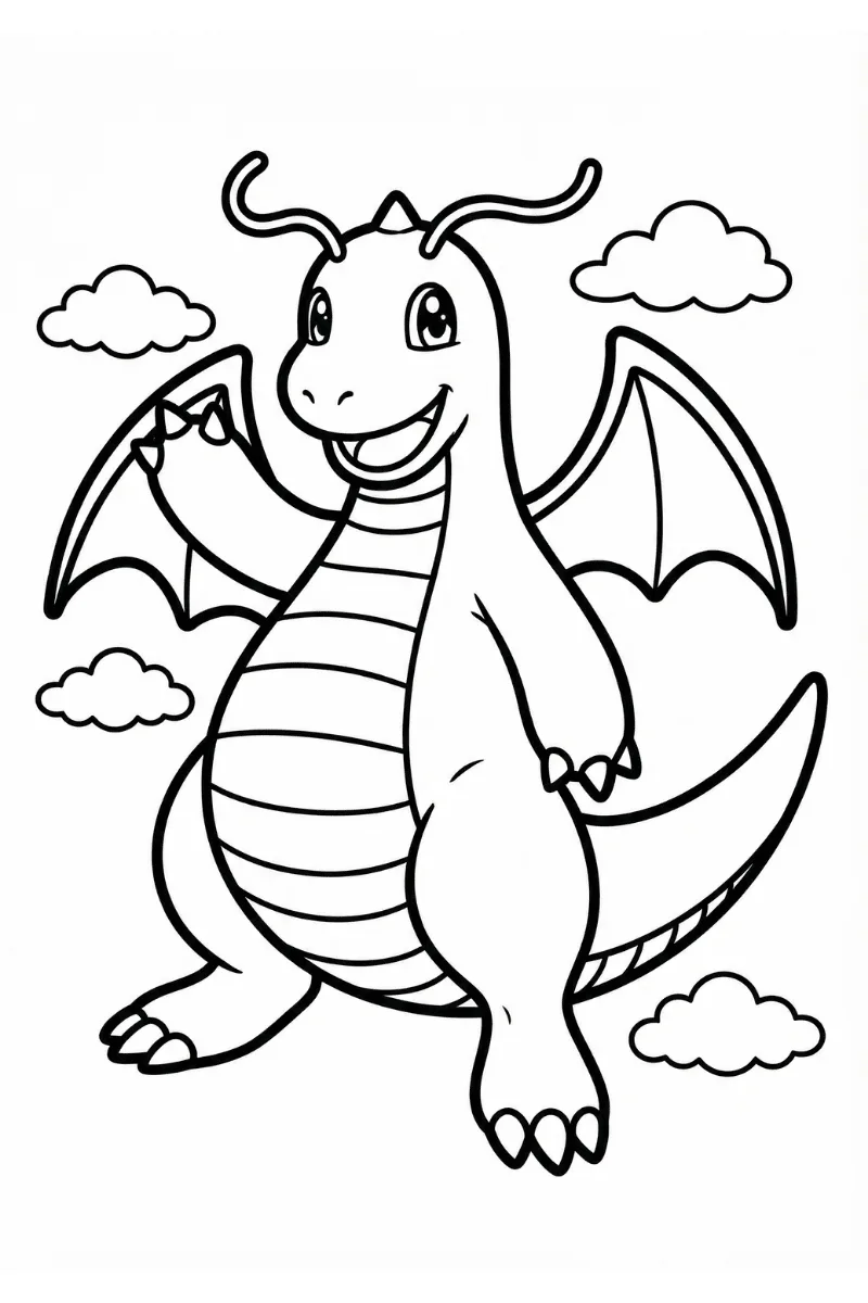 Dibujo de Dragonite para colorear volando feliz en el cielo rodeado de nubes