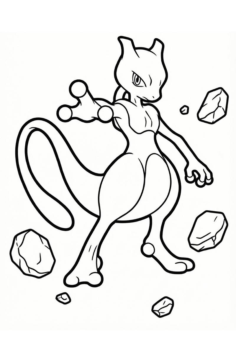 Dibujo de Mewtwo para colorear usando poderes psíquicos con rocas flotando a su alrededor estilo line art.