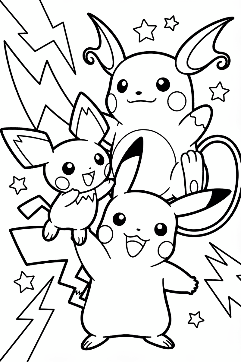 Dibujo de la evolución completa: Pichu Pikachu y Raichu juntos para colorear