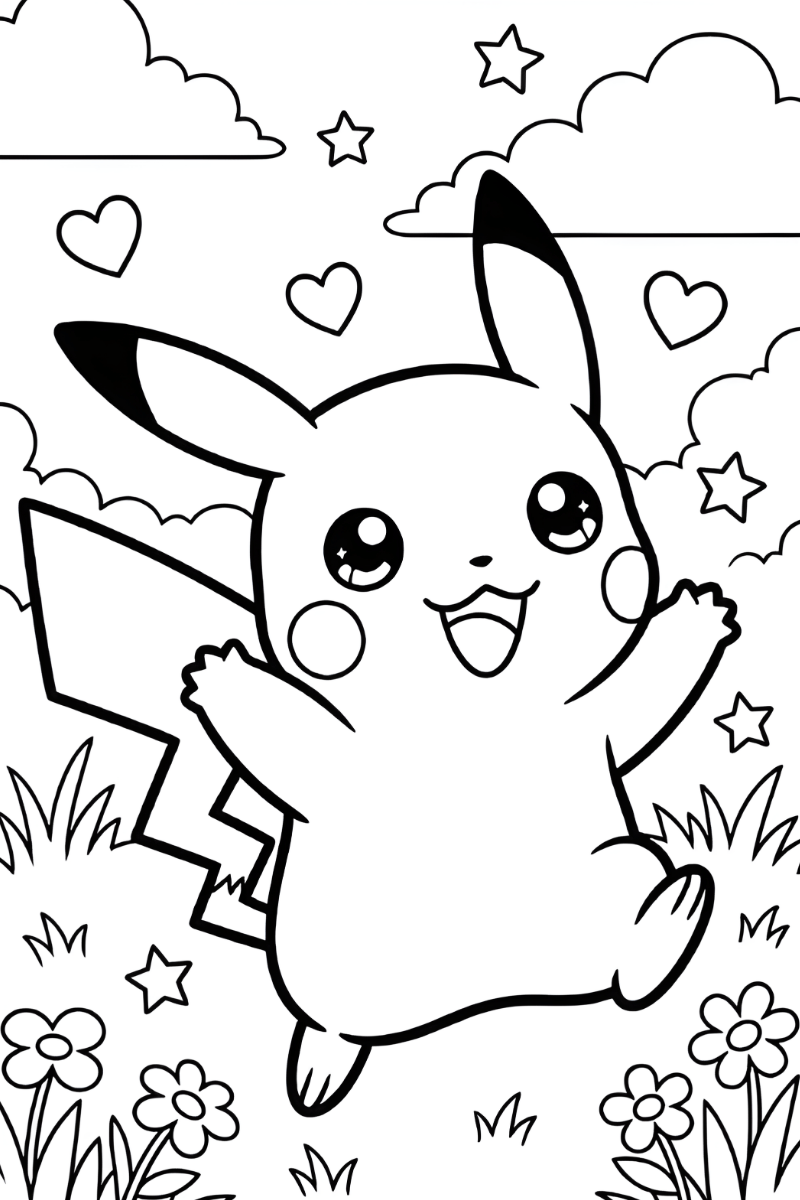 Dibujo de Pikachu para colorear kawaii saltando feliz rodeado de corazones, estrellas y flores en el campo