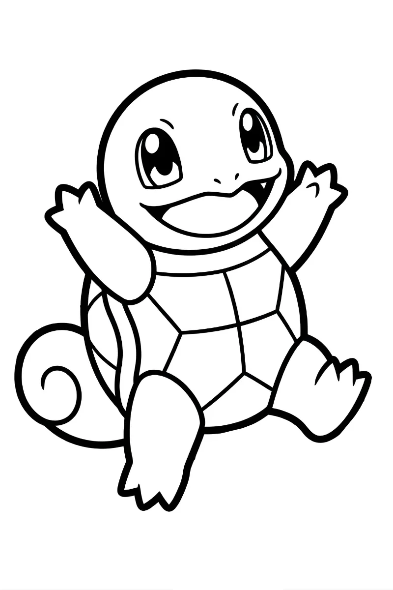 Dibujo squirtle para colorear saltando feliz con los brazos levantados y una gran sonrisa para colorear