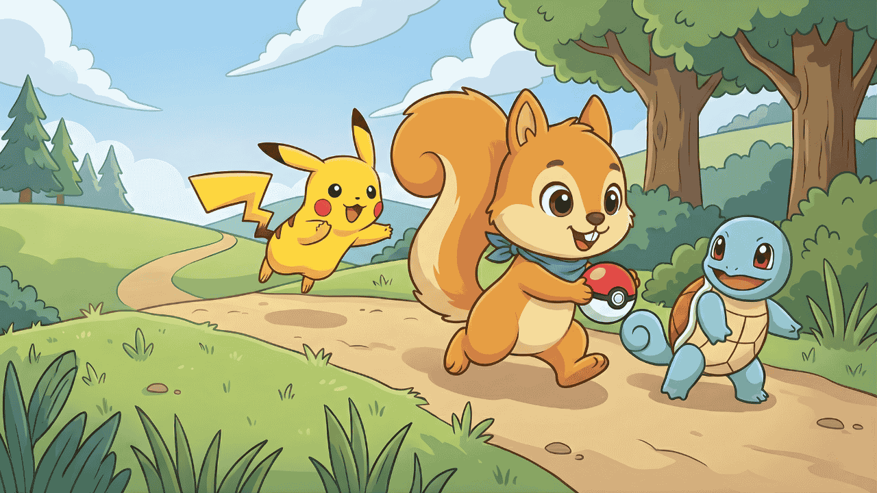Chispas corriendo con una Poké Ball junto a Pikachu y Squirtle en una aventura Pokémon para colorear