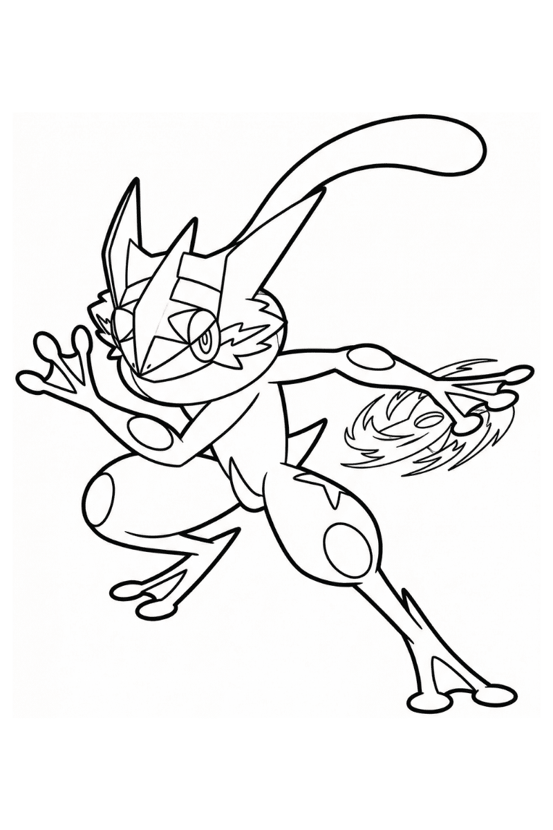 Greninja para colorear en postura de ataque lanzando shuriken de agua giratorio.