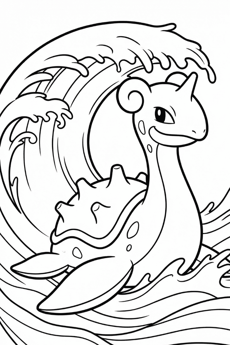 Dibujo de Lapras para colorear nadando en el mar con una gran ola detrás.