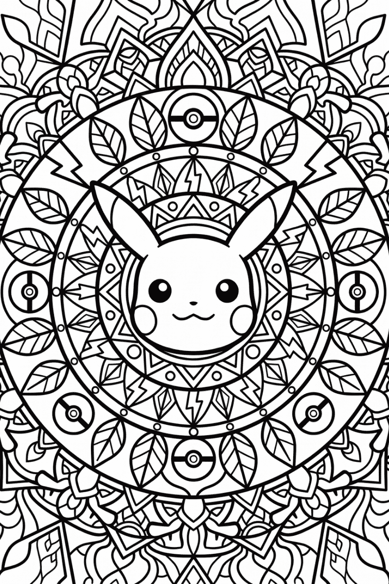 Dibujo de Mandala Pikachu con patrones geométricos, rayos y pokeballs para colorear