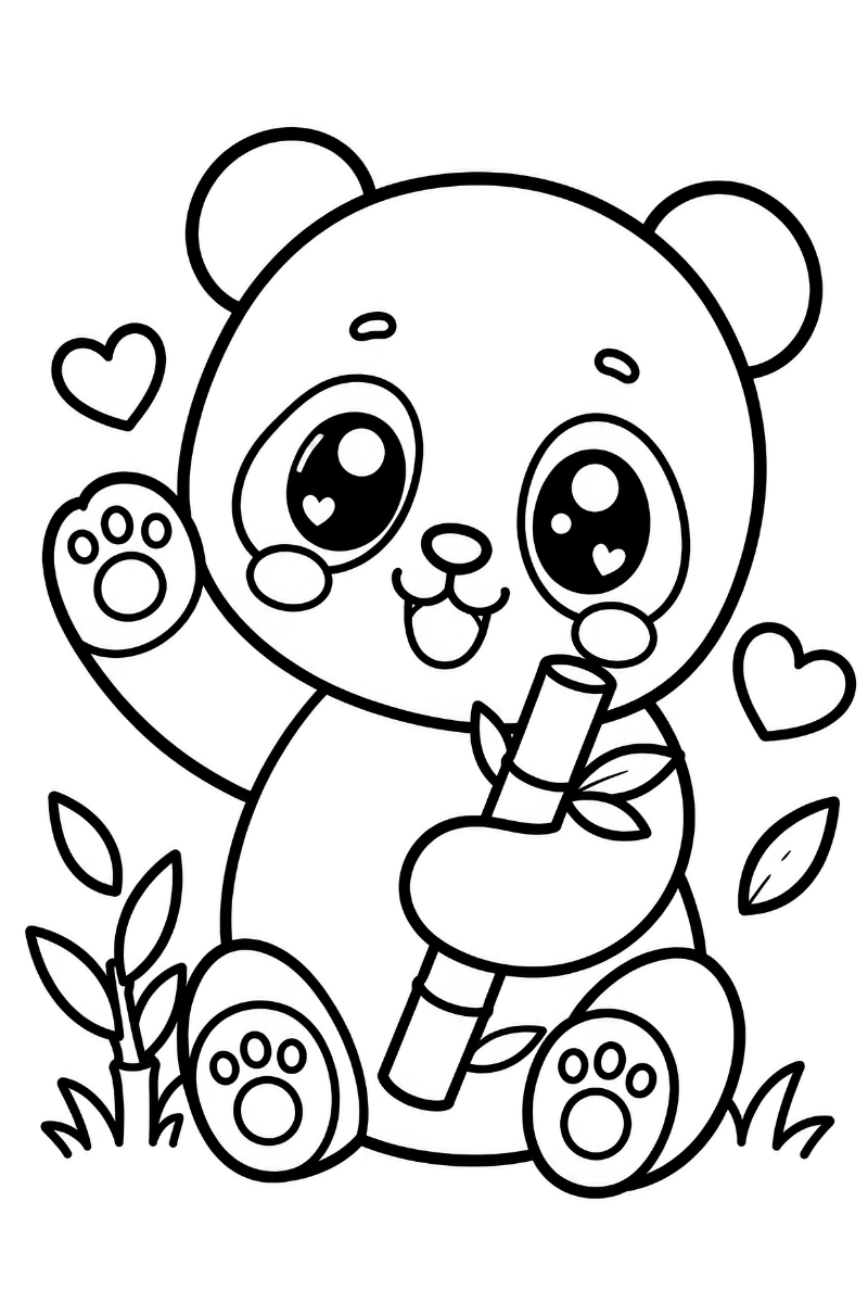 Panda kawaii para colorear sentado con bambú, corazones y hojas