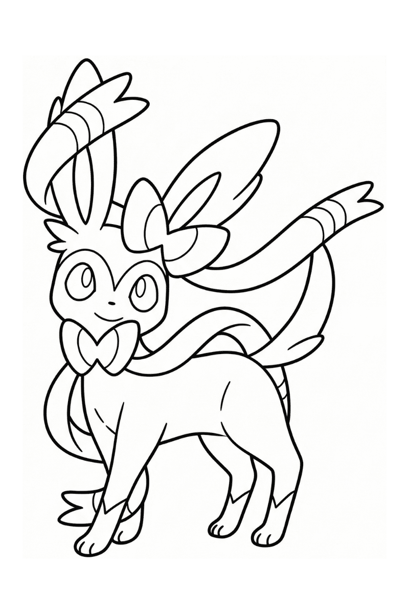 Sylveon para colorear kawaii con ojos grandes y lazos mágicos.