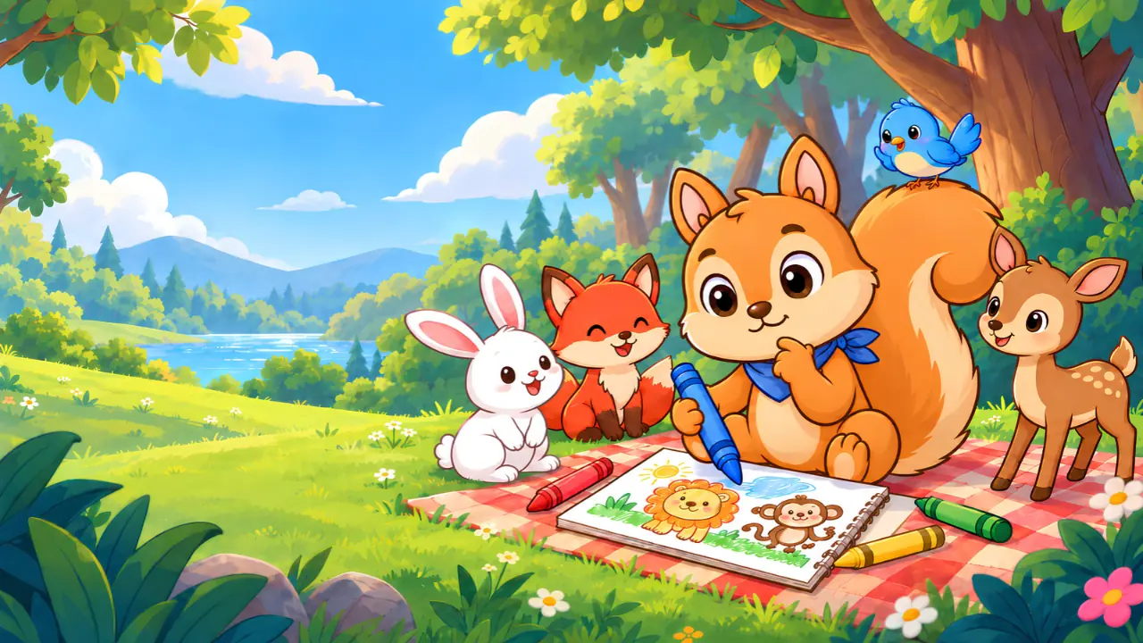 Chispas dibujando animales para colorear junto a un conejo, un zorro y un cervatillo