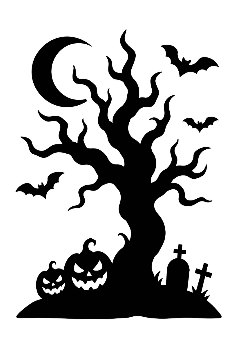 Árbol oscuro de Halloween con ramas retorcidas, murciélagos, luna y calabazas para imprimir